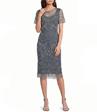 Pisarro Nights Beaded Mesh Short Flutter Sleeve Illusion Crew Neck Column Gown