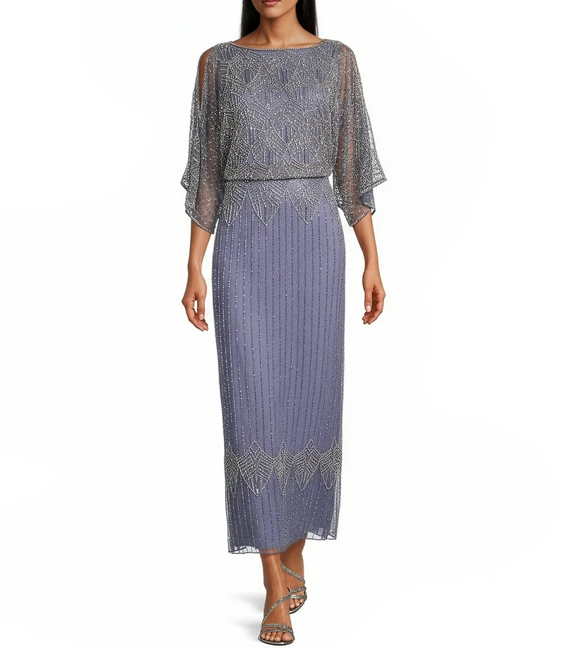 Pisarro Nights Beaded Mesh Short Sleeve V-Neck Long Sheath Dress