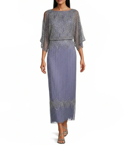 Pisarro Nights Beaded Mesh Short Sleeve V-Neck Long Sheath Dress