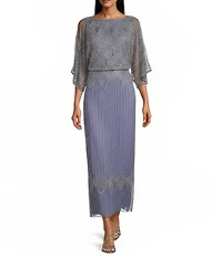 Pisarro Nights Beaded Mesh Short Sleeve V-Neck Long Sheath Dress