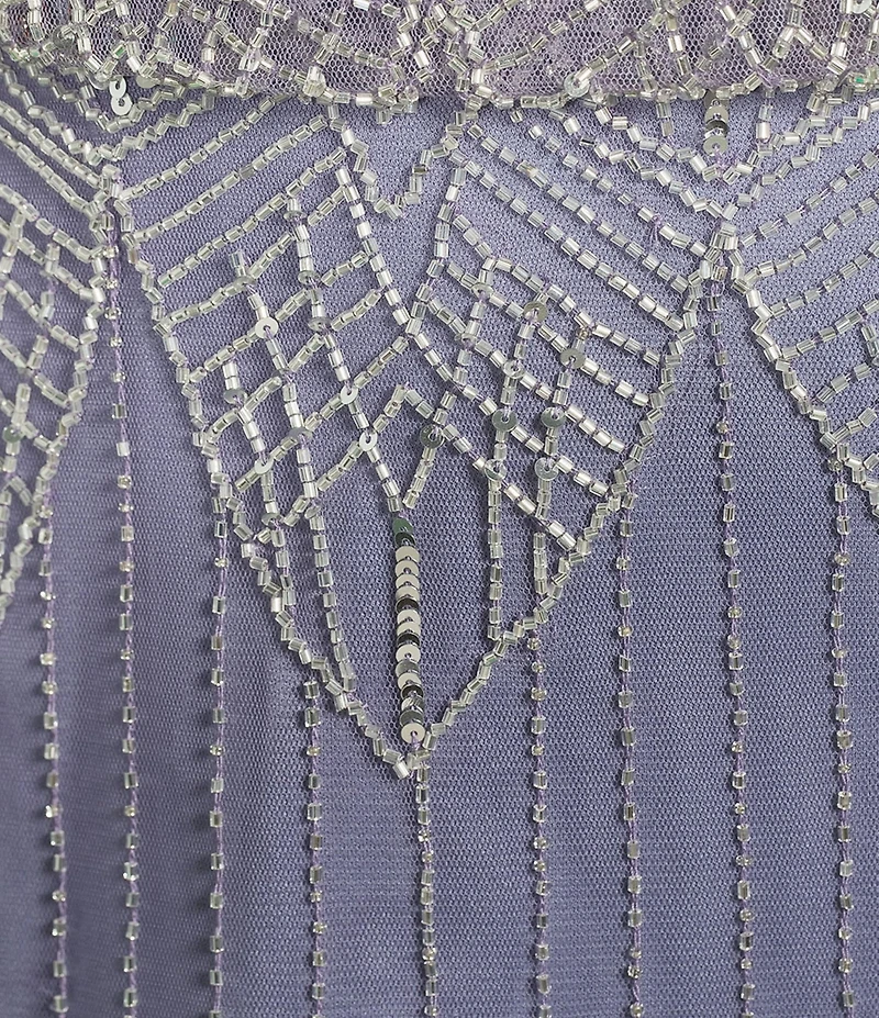 Pisarro Nights Beaded Mesh Short Sleeve V-Neck Long Sheath Dress