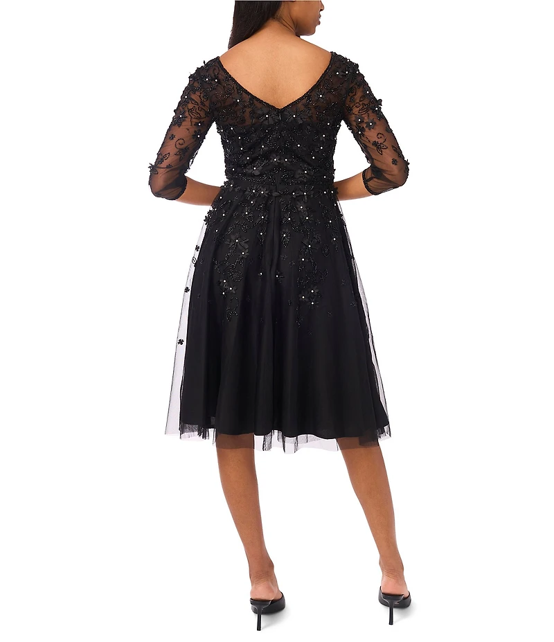 Pisarro Nights Beaded Mesh V-Neck 3/4 Sleeve A-Line Midi Dress