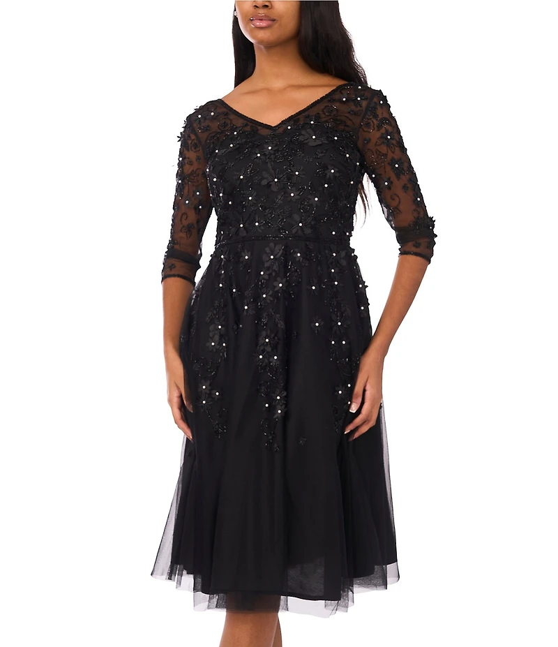 Pisarro Nights Beaded Mesh V-Neck 3/4 Sleeve A-Line Midi Dress