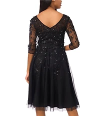 Pisarro Nights Beaded Mesh V-Neck 3/4 Sleeve A-Line Midi Dress