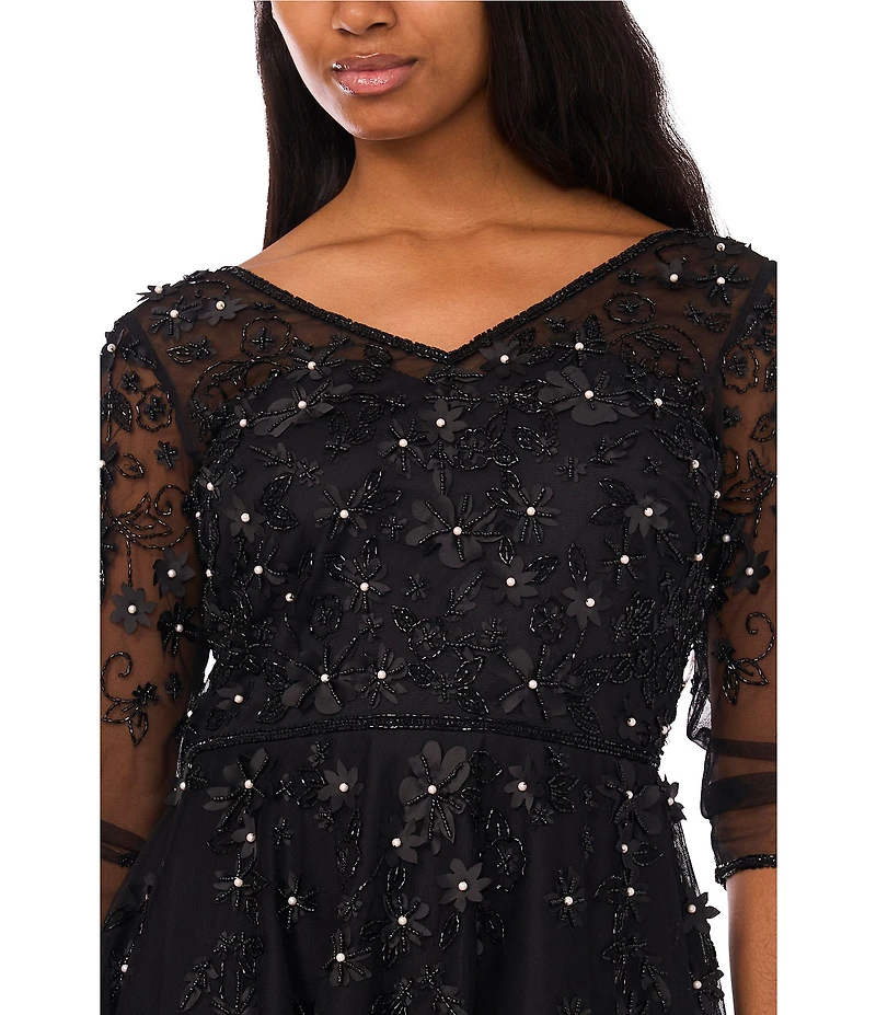 Pisarro Nights Beaded Mesh V-Neck 3/4 Sleeve A-Line Midi Dress