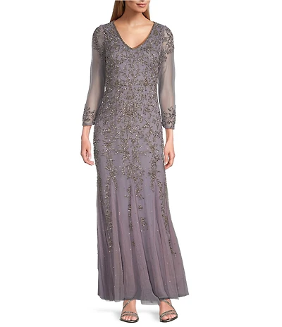 Pisarro Nights Beaded Mesh V Neck 3/4 Sleeve Fit and Flare Gown