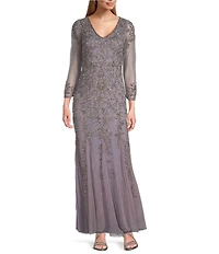 Pisarro Nights Beaded Mesh V Neck 3/4 Sleeve Fit and Flare Gown