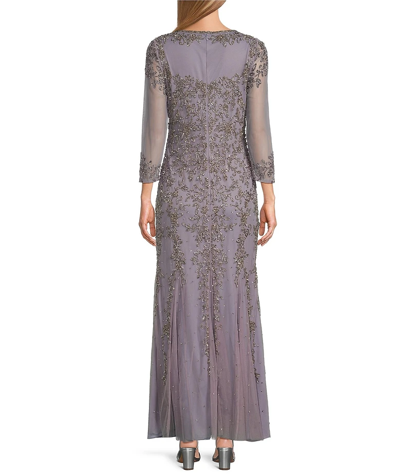 Pisarro Nights Beaded Mesh V Neck 3/4 Sleeve Fit and Flare Gown