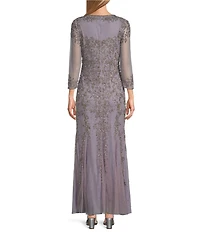 Pisarro Nights Beaded Mesh V Neck 3/4 Sleeve Fit and Flare Gown