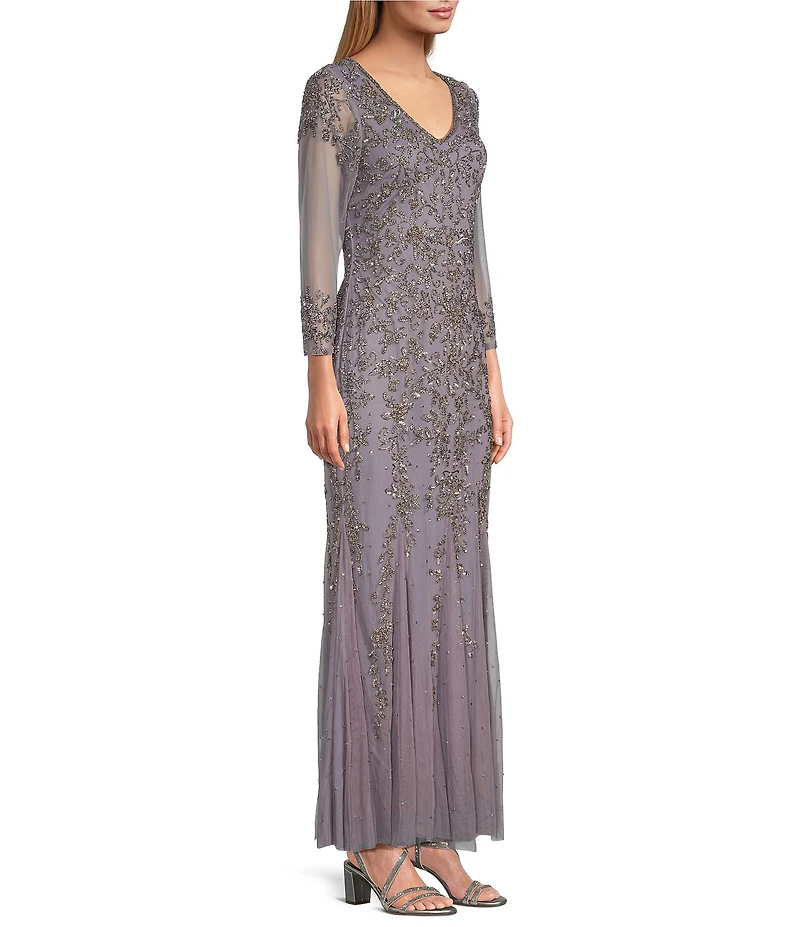 Pisarro Nights Beaded Mesh V Neck 3/4 Sleeve Fit and Flare Gown