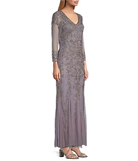 Pisarro Nights Beaded Mesh V Neck 3/4 Sleeve Fit and Flare Gown