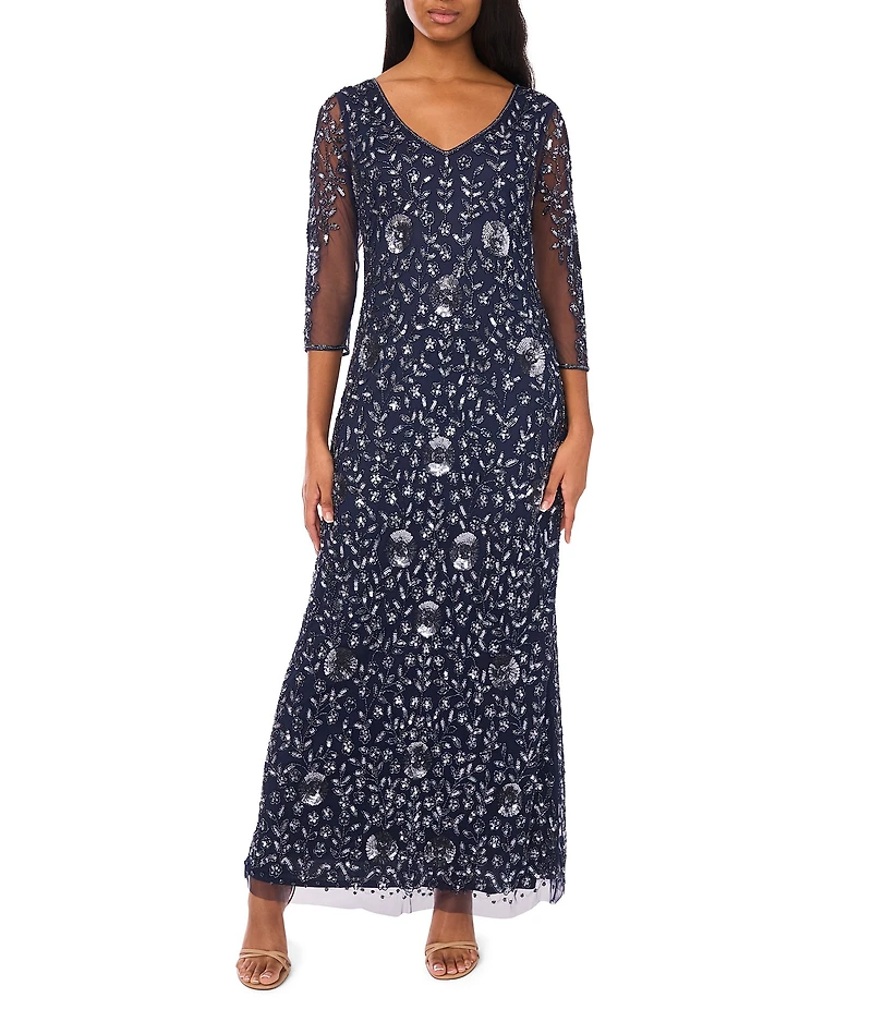 Pisarro Nights Beaded Mesh V-Neck 3/4 Sleeve Sheath Dress