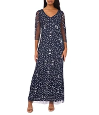 Pisarro Nights Beaded Mesh V-Neck 3/4 Sleeve Sheath Dress