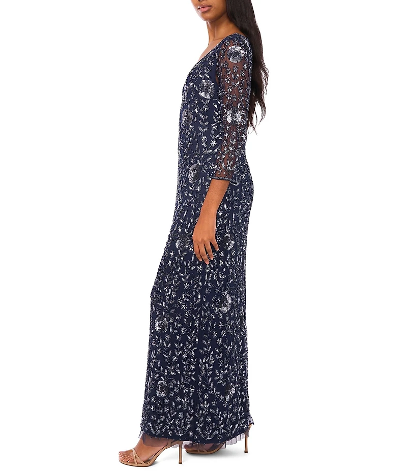 Pisarro Nights Beaded Mesh V-Neck 3/4 Sleeve Sheath Dress