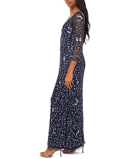 Pisarro Nights Beaded Mesh V-Neck 3/4 Sleeve Sheath Dress