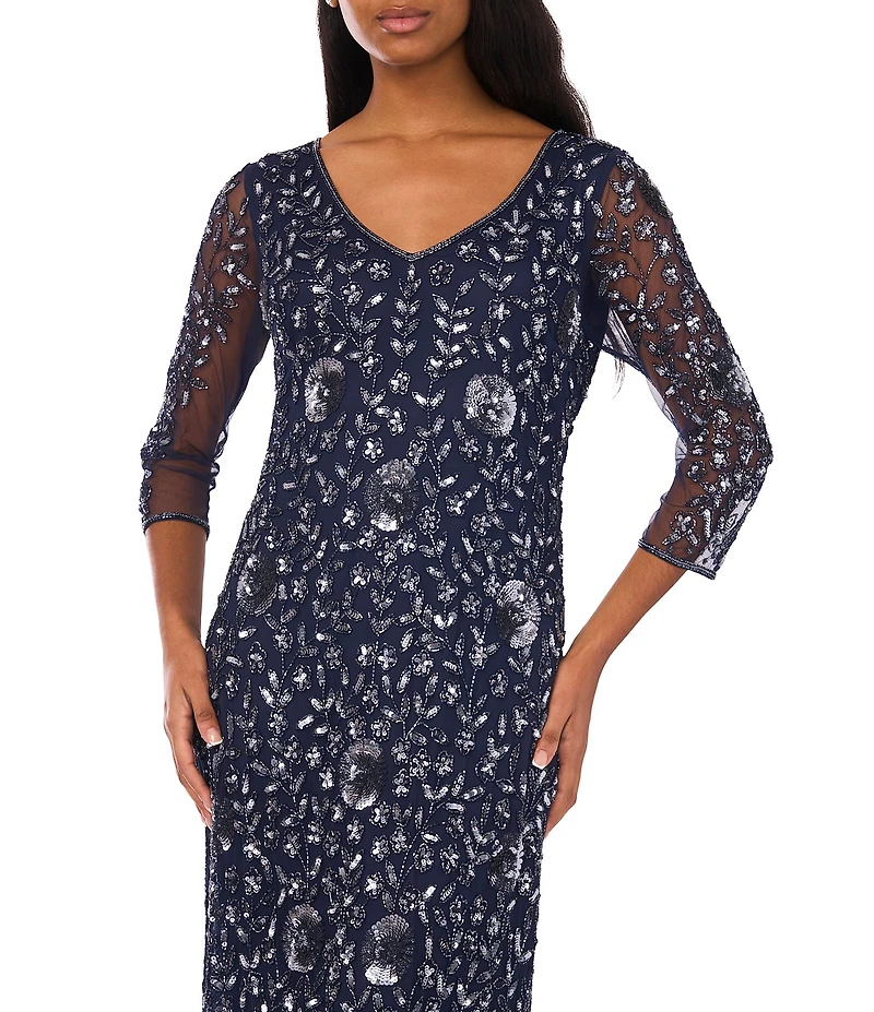 Pisarro Nights Beaded Mesh V-Neck 3/4 Sleeve Sheath Dress