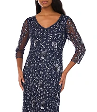 Pisarro Nights Beaded Mesh V-Neck 3/4 Sleeve Sheath Dress