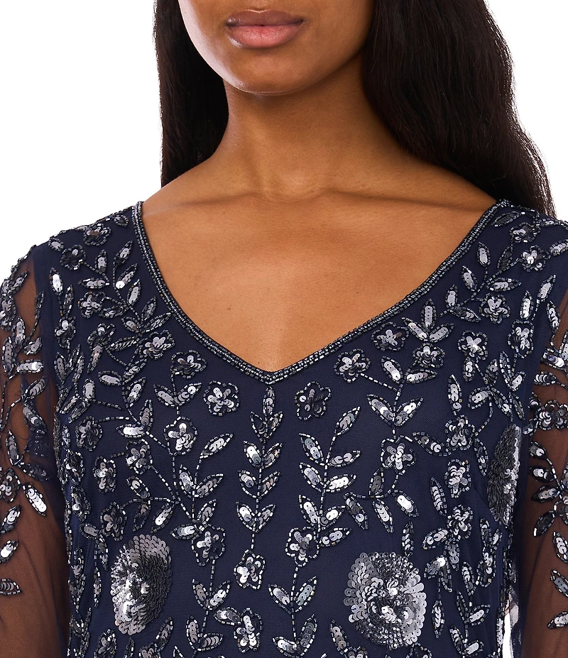 Pisarro Nights Beaded Mesh V-Neck 3/4 Sleeve Sheath Dress