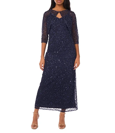 Pisarro Nights Beaded Mesh V-Neck 3/4 Sleeves A-Line 2-Piece Jacket Dress