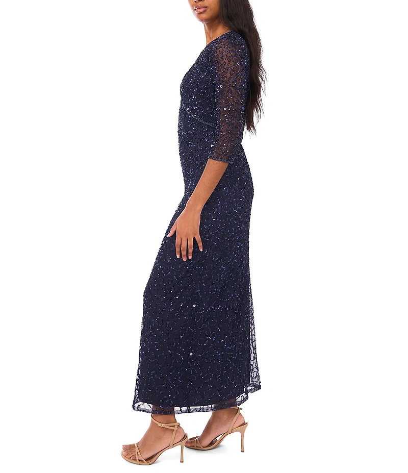 Pisarro Nights Beaded Mesh V-Neck 3/4 Sleeves A-Line 2-Piece Jacket Dress