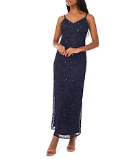 Pisarro Nights Beaded Mesh V-Neck 3/4 Sleeves A-Line 2-Piece Jacket Dress