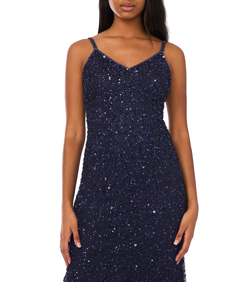 Pisarro Nights Beaded Mesh V-Neck 3/4 Sleeves A-Line 2-Piece Jacket Dress