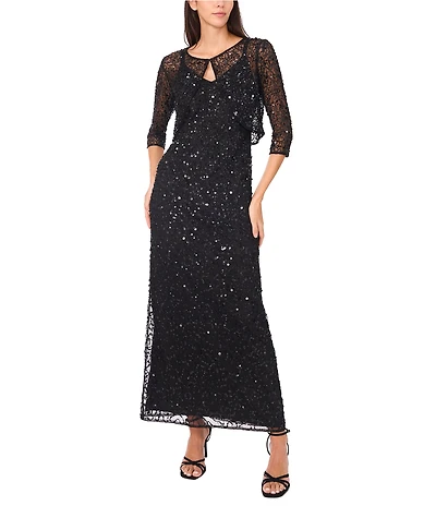 Pisarro Nights Beaded Mesh V-Neck 3/4 Sleeves A-Line 2-Piece Jacket Dress