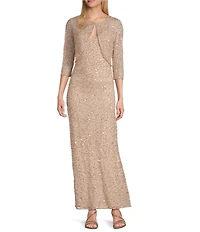 Pisarro Nights Beaded Mesh V-Neck 3/4 Sleeves A-Line 2-Piece Jacket Dress