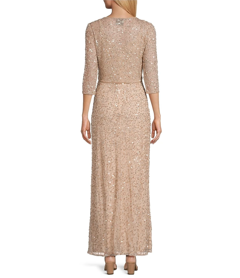 Pisarro Nights Beaded Mesh V-Neck 3/4 Sleeves A-Line 2-Piece Jacket Dress