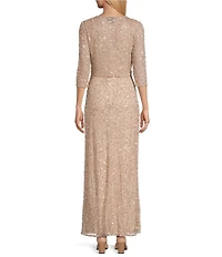 Pisarro Nights Beaded Mesh V-Neck 3/4 Sleeves A-Line 2-Piece Jacket Dress