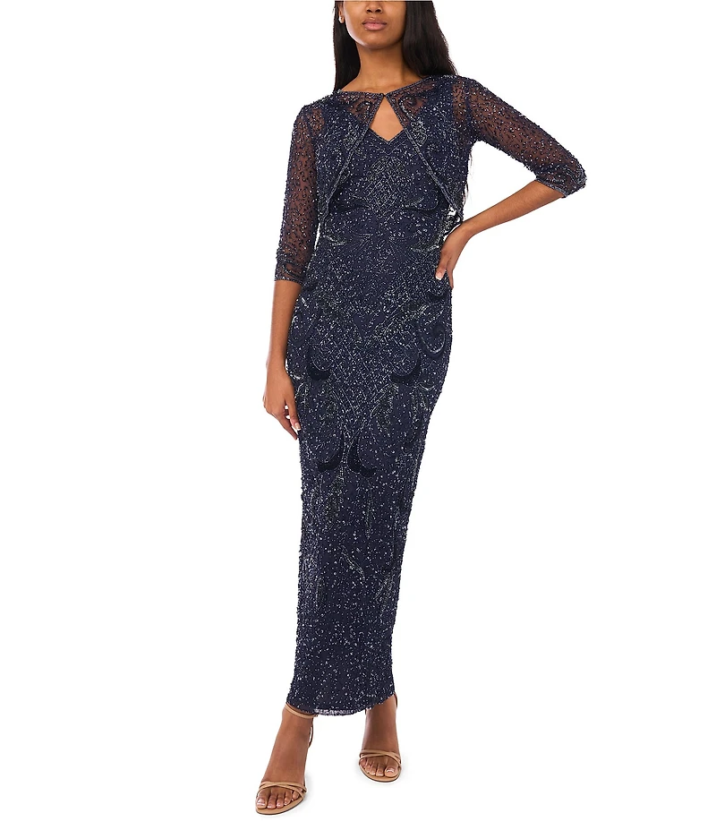 Pisarro Nights Beaded Mesh V-Neck 3/4 Sleeves Jacket Dress