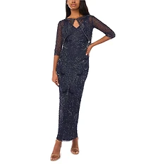 Pisarro Nights Beaded Mesh V-Neck 3/4 Sleeves Jacket Dress