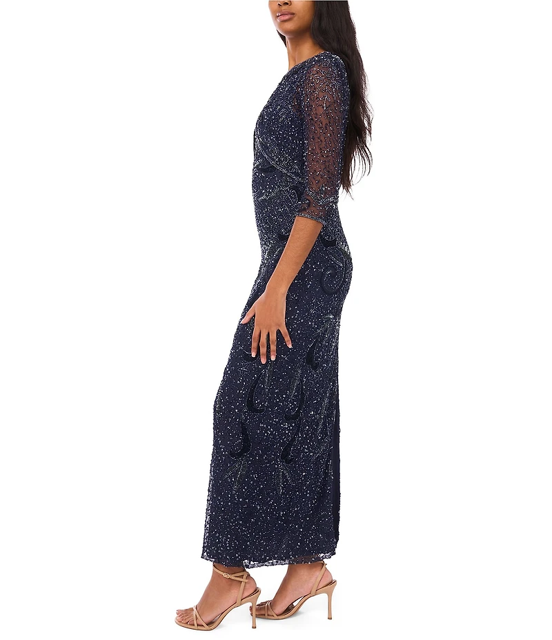 Pisarro Nights Beaded Mesh V-Neck 3/4 Sleeves Jacket Dress