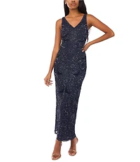 Pisarro Nights Beaded Mesh V-Neck 3/4 Sleeves Jacket Dress