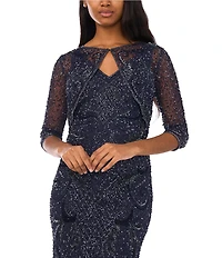 Pisarro Nights Beaded Mesh V-Neck 3/4 Sleeves Jacket Dress
