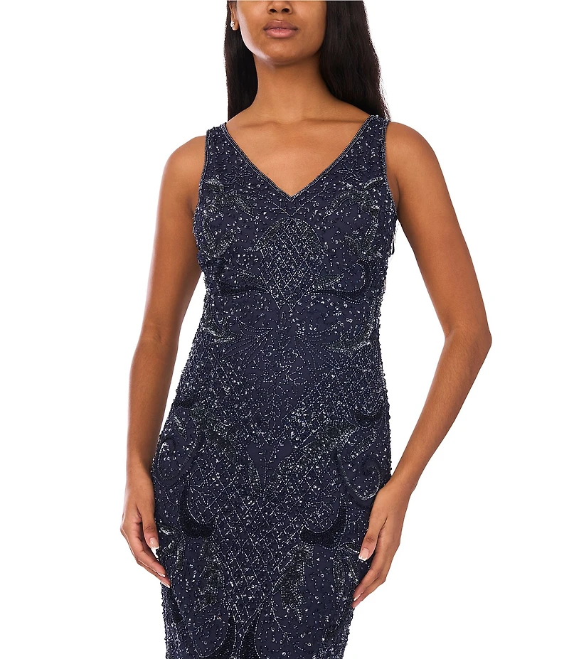 Pisarro Nights Beaded Mesh V-Neck 3/4 Sleeves Jacket Dress