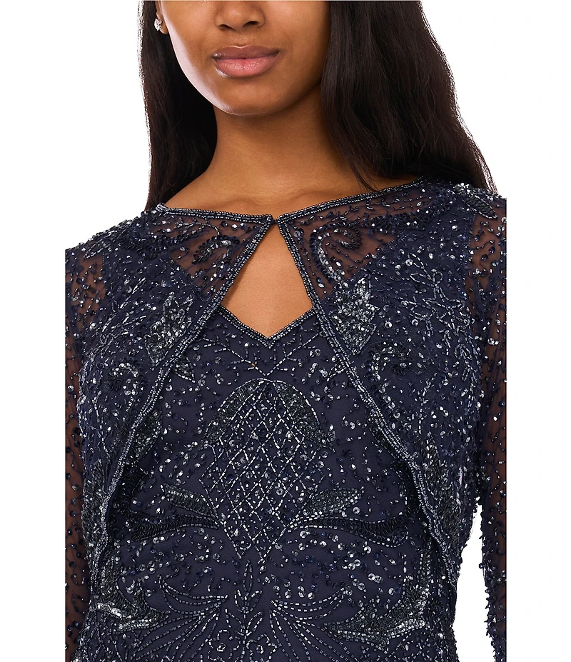 Pisarro Nights Beaded Mesh V-Neck 3/4 Sleeves Jacket Dress
