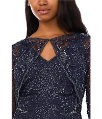 Pisarro Nights Beaded Mesh V-Neck 3/4 Sleeves Jacket Dress