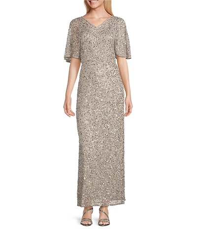 Pisarro Nights Beaded V-Neck Caplet Sleeve Blouson Gown