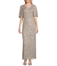 Pisarro Nights Beaded V-Neck Caplet Sleeve Blouson Gown