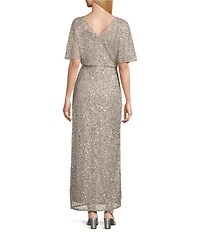 Pisarro Nights Beaded V-Neck Caplet Sleeve Blouson Gown