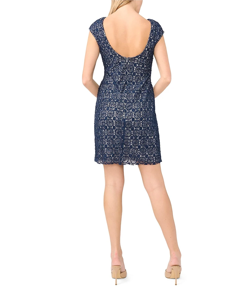 Pisarro Nights Boat Neck Cap Sleeves Crochet Sheath Dress