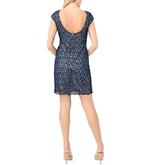 Pisarro Nights Boat Neck Cap Sleeves Crochet Sheath Dress