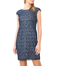 Pisarro Nights Boat Neck Cap Sleeves Crochet Sheath Dress