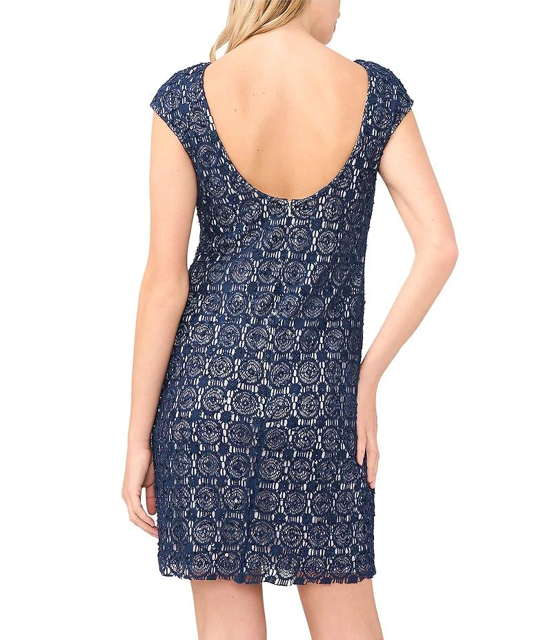 Pisarro Nights Boat Neck Cap Sleeves Crochet Sheath Dress