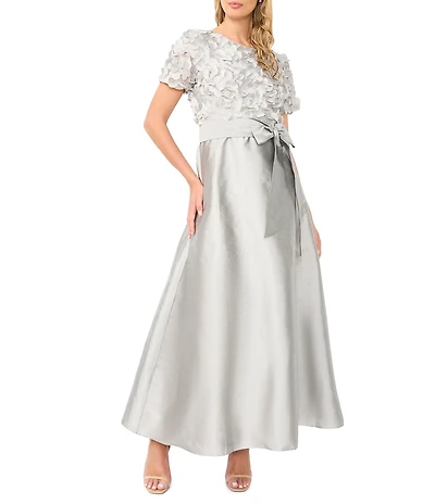 Pisarro Nights Boat Neck Short Sleeve 3D Applique Taffeta Ballgown