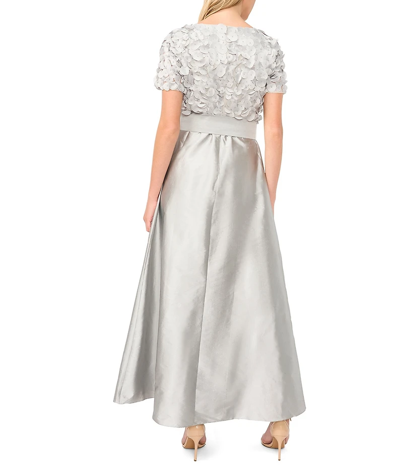 Pisarro Nights Boat Neck Short Sleeve 3D Applique Taffeta Ballgown