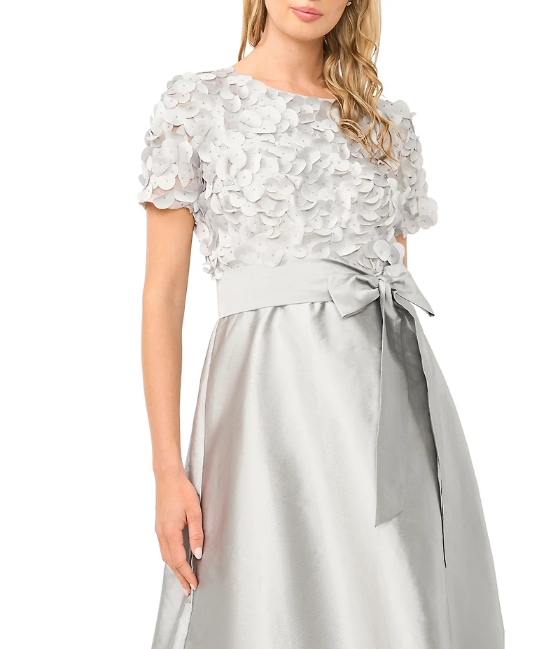 Pisarro Nights Boat Neck Short Sleeve 3D Applique Taffeta Ballgown