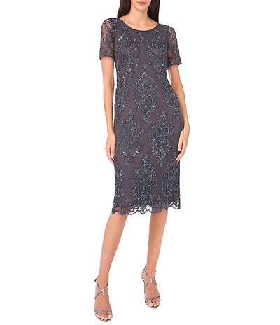 Pisarro Nights Boat Neck Short Sleeve Beaded Sheath Knee Length Dress