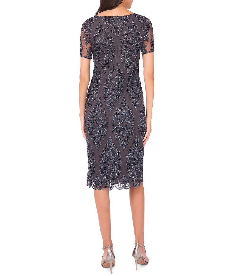 Pisarro Nights Boat Neck Short Sleeve Beaded Sheath Knee Length Dress